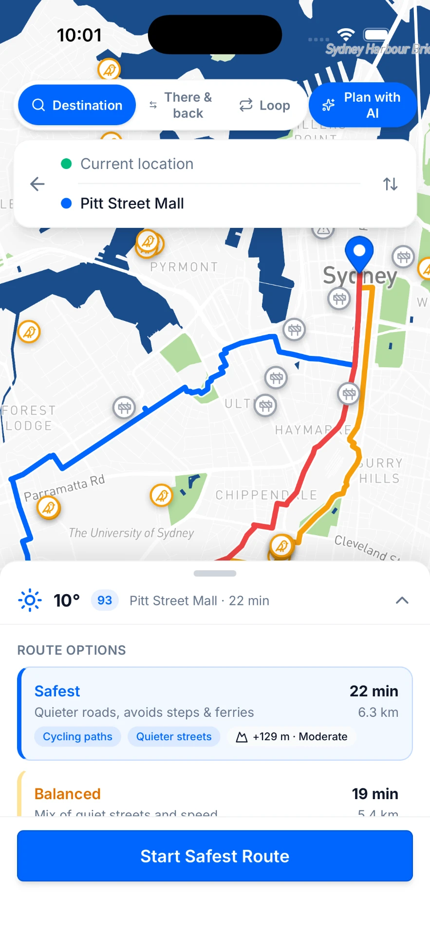 RideAware route planning screen showing three scored route options across Pyrmont and Forest Lodge with hazard markers and weather