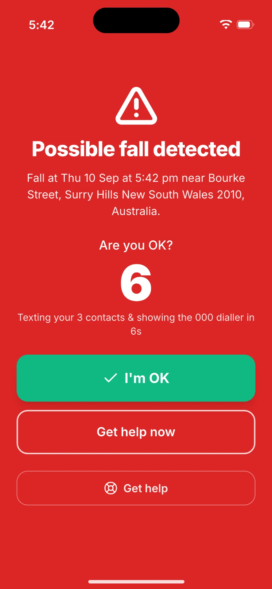 RideAware possible fall detected countdown screen
