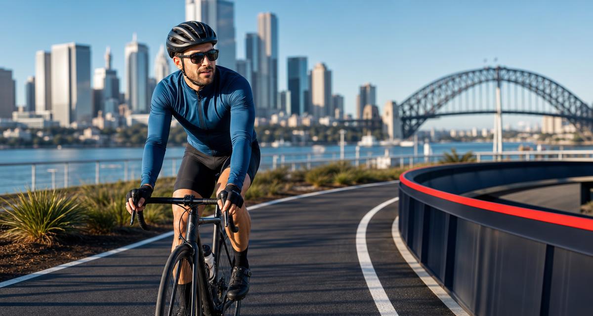 Sydney cyclist on a separated cycleway with the city skyline and Harbour Bridge in the background