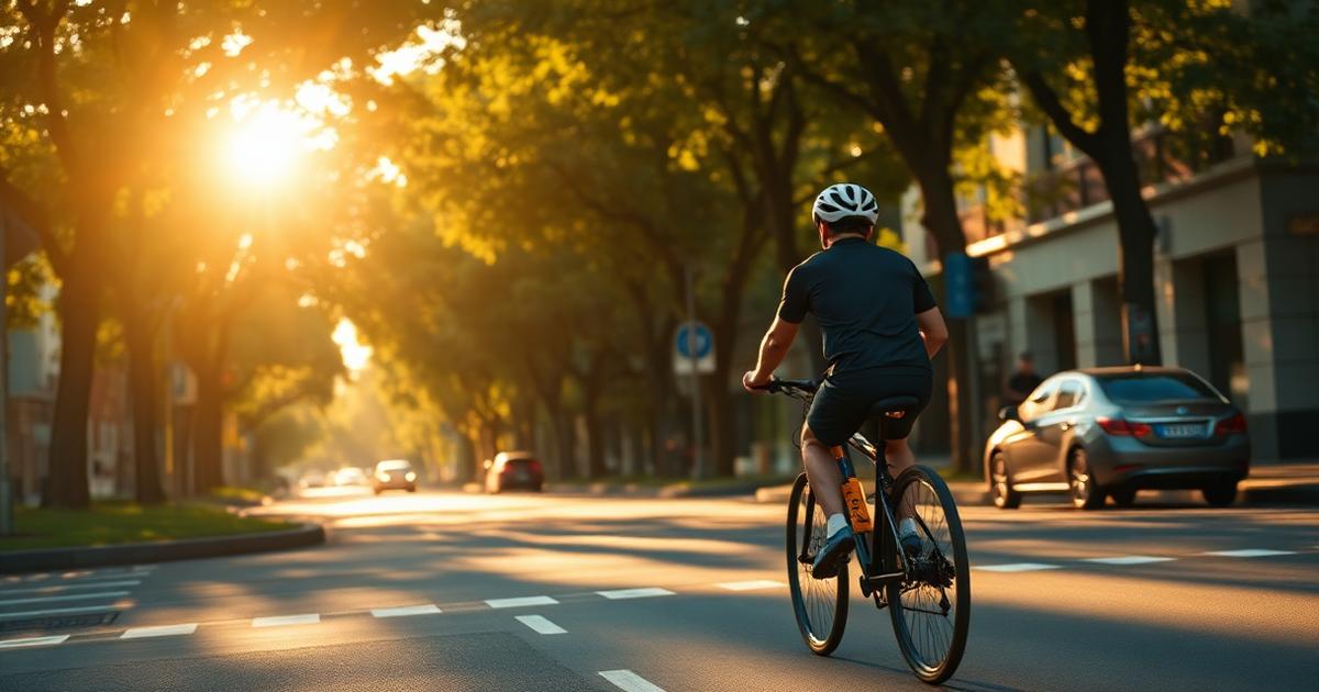 Cyclist riding along a tree-lined Sydney street at golden hour