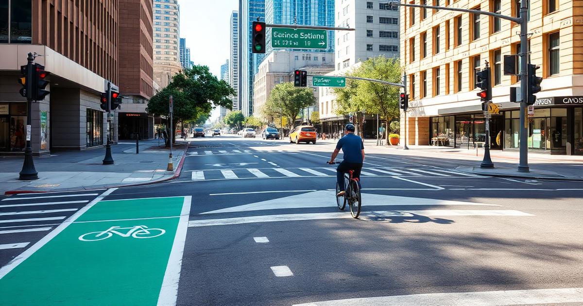 Cyclist waiting at a Sydney intersection beside a green painted bike lane